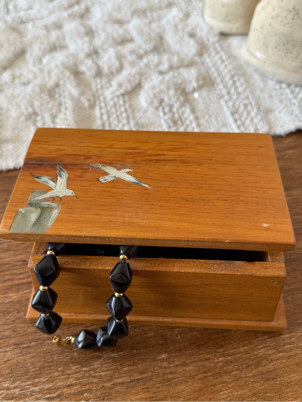 Vintage Hand-Painted Wooden Box with Seagulls